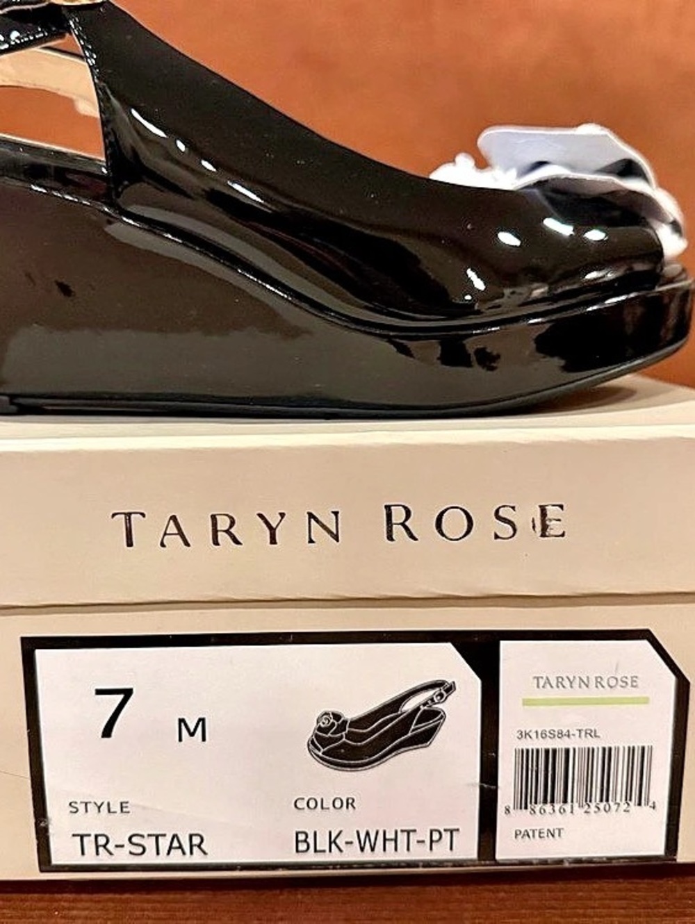 Taryn Rose TR-STAR Patent Platform Wedges Black & White US 7 M